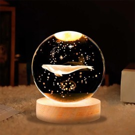 Crystal Ball Night Light Projection Lamp Planet Model,3D Crystal Ball with Led Wooden Base for Christmas Thanksgiving Birthday, Home Room Decor LED Night - USB Powered with Switch (Whale, 6CM)
