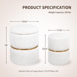 FurniSoar Faux Fur Round Storage Ottoman Pack of 2, Upholstered Vanity Stool Foot Rest with Gold Metal Hoop, Soft Tufted Seat for Living Room, Bedroom, Entryway