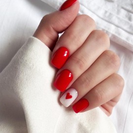 Red Love Heart Press on Nails Short Square Valentines Acrylic Fake Nails Glossy Red Heart False Nails Red Love Heart Stick on Nails Romantic Gift Gel Glue on Nails for Women Girls 24Pcs