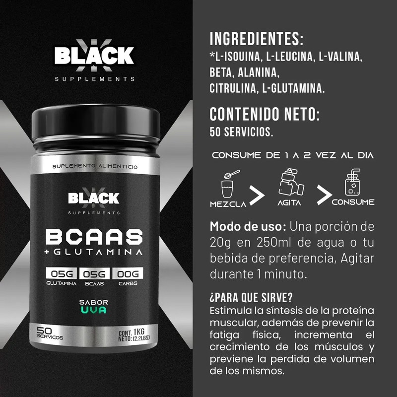 Black Supplements Aminoácidos Bcaas Glutamina 1kg