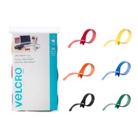 VELCRO Brand ONE-WRAP Cable Ties | 60Pk | 8 x 1/2" Straps, Multicolor | Strong Reusable Wire Management | Cord Bundling for Home Office and Data Centers
