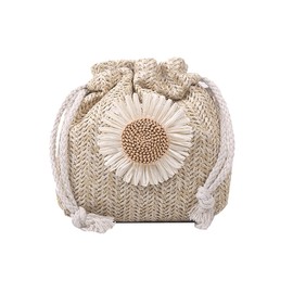 Catwo Handwoven Straw Bag, Shoulder Bag, Grass Knitting Bag, Cross-body, Women's, Handbag, Drawstring Clan, Basket Bag, Grass Knitting Bag, Handbag, Flower Decoration, Large Capacity, Lightweight,