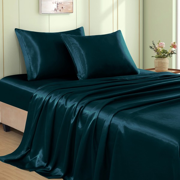 VACVELT 4pcs Dark Teal Satin Sheets Full Size Bed Set,
