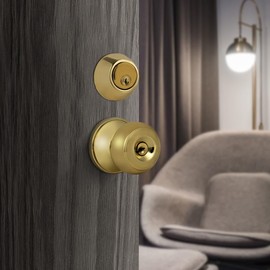 NIZADO 1 Set of Front Door Entry Knob Lockset and Single Cylinder Deadbolt Combination Set, Polished Brass Entry Handle and Deadbolt, Same Key Door Lock Combination Set.