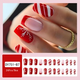 24 Pcs Christmas Press on Nails Short Square Shaped Fake Nails Winter Snowflake Red White Stripe False Nails with Designs Red French Tip Xmas Acrylic Nails Full Cover Stick on Nails for Women Nail Art