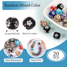 Craftdady 20Pcs 16mm Rhinestone Beads Polymer Clay Pave Disco Ball Beads Chunky Bubblegum Beads Glitter Glass Crystal Round with Flower Spacer Bead Charms for DIY Earring Jewelry Making Hang Ornament