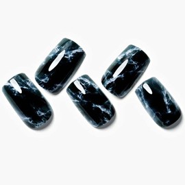 GLAMERMAID Press on Nails Medium Square, White Marbling in Black Glue on Gel Nails, 24Pcs Short Coffin Acrylic False Nails Kits Reusable UV Finish Full Cover Stick on Nail for Women Gifts