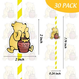 30 Pcs Winnie Baby Shower Decorations, Winnie Striped Paper Straws Disposable Drinking Straws, Pooh Party Decorations, The Pooh Baby Shower Decor, Bear Yellow Straw for Wedding Birthday New Year Party
