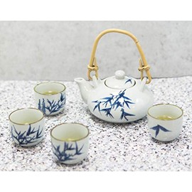 Ebros Gift Blue And White Japanese Bamboo Leaves And Branches Design Porcelain Small 11oz Tea Pot And 4 Cups 2oz Set With Bamboo Handle And Built In Strainer Home Decor Asian Teapots Collectible