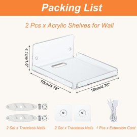 PATIKIL 4" Small Floating Shelves, 2 Pcs Clear Acrylic Shelves for Wall Small Clear Wall Shelf Bathroom Shelves with Power Extension Cord for Bedroom Living Room Book Shelf Kitchen