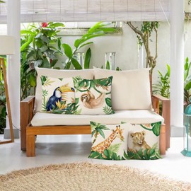 Bonhause Jungle Animals Cushion Covers 45 x 45 cm Lion Giraffe Sloth Toucan Tropical Outdoor Decorative Throw Pillow Covers Polyester Linen Pillowcases for Kids Baby Nursery Room Decor Set of 4