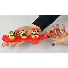 Home-X Hanging Sleigh Bells on a Cross, Jingle Bell Christmas Décor, Door Hanger, Red and Gold 11" L x 4 5/8" W x 1 1/2" H