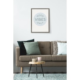 Kate and Laurel Sylvie Good Vibes Only Pale Blue Button Framed Canvas Wall Art by The Creative Bunch Studio, 18x24 Gray, Positivity Art for Wall