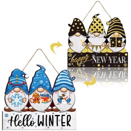 Reversible Hello Winter/Happy New Year Door Gnome Sign Winter Home Front Door Decor Reversible Hanging Wooden Wall Porch for Christmas New Year 2026 Indoor Outdoor Decor
