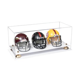 Better Display Cases Acrylic Three Mini - Miniature Football Helmets (not Full Size) Display Case with Clear Case, Gold Risers and White Base 19.25" x 8.25" x 8" (V47/A103)