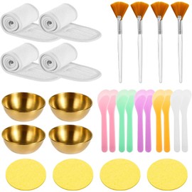 26 Piezas Set de Accesorios para Esteticista, Cuencos Mezcladores Dorados, Espátulas de Plástico, Brochas Faciales tipo Abanico, Diademas de Nylon, Esponjas Faciales Comprimidas para Spa y Salón