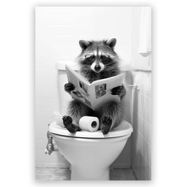 Funny Bathroom wall art Raccoon Sitting in Toilet Read newspaper Black and White Canvas Animals Posters Bathroom Wall Decor for Toilet Decoration12x16inch Unframed