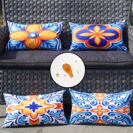 ONWAY Outdoor Pillow Covers Waterproof 12x20 Set of 4 Floral Boho Decorative Throw Cushion Cover Farmhouse Pillows for Bench, Couch, Patio Furniture