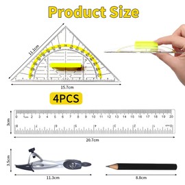 YPYMOD Maths Geometry Set with 4 Pieces Geo Triangles (16 cm) with Handle, Ruler (20 cm), Compass, Pencils and More, Ideal Gift for Students, Teachers and Math Lovers