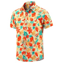 EUOW Men's Hawaiian Shirt Short Sleeves Printed Button Down Summer Beach Dress Shirts(Multicolored-Yellow,L)