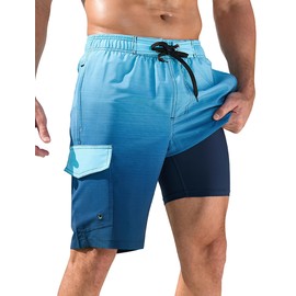 SILKWORLD Mens Swim Trunks with Compression Liner Quick Dry Bathing Suits 10 Inch Swim Shorts with Cargo Pockets, (Dark Blue Gradient), 38