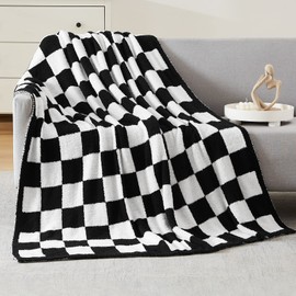 WRENSONGE Checkered Throw Blanket, Black and White Microfiber Soft Cozy Fluffy Warm Hand Made Throw Blankets for Couch, Sofa, Chair, Bed, Camping, Picnic, Travel Lightweight Bed Blanket - 50"*70"