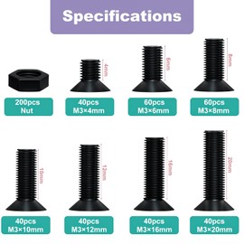 Zmbroll 480 Pieces M 3 Flat Head Screw Black Cross Bolt Nut Set M 3 x 4 mm 6 mm 8 mm 10 mm 12 mm 16 mm 20 mm