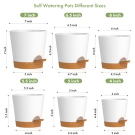 WSMKSZ 7/6.5/6/5.5/5/4inch Self Watering Pots for Indoor Outdoor Plants, 6 Pack Plastic Flower Planters with Drainage Holes and Removable Saucers, Plant Pots with Wicking Rope, White Brown