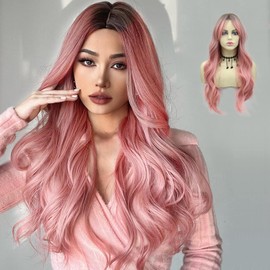 AFBeauty Pink Wigs with Bangs Long Light Color Wavy Ombre Pink Wig Synthetic Wigs for Women Middle Part Dark Roots Layered Hair Heat Resistant Fiber Natural Hair Wig Daily Wear Use Party 22 Inch