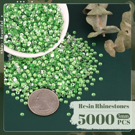 5000PCS 3mm Resin Rhinestones in Bulk (Light Green), Bedazzling Flatback Crystals for Crafts DIY Nail Decoration, Gems Charms for Tumbler Shoes Clothing Fabric with Pickup Pen and Tweezers