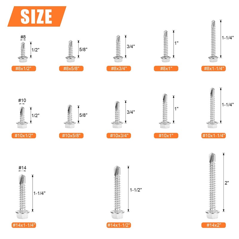HELIFOUNER 320 Pieces #8#10#14 Hex Washer Head Self Drilling Sheet