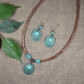 Vintage Style Copper Patina Turquoise Boho Wood Beaded Necklace, Earrings, or Necklace and Earring Set (necklace and earring set - 18 inch)