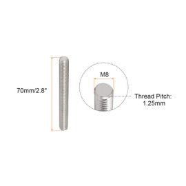 Rebower 10 Pcs Full Thread 304 Stainless Steel Full Thread M8 x 70mm 1.25mm Pitch Male Thread Silver
