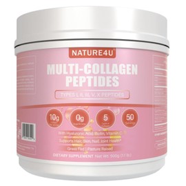 Nature4U Multi Collagen Peptides Powder 10g - Type I, II, III, V, X Hydrolyzed Collagen Protein Powder with Biotin, Hyaluronic Acid, Vitamin C for Hair, Skin, Nails & Joint Support - Unflavored 1.1 lb