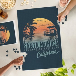 Santa Monica, California, Sunset Stripes, Palm and Lifeguard Booth (1000 Piece Puzzle, Challenging Jigsaw Puzzle for Adults, Made in USA)