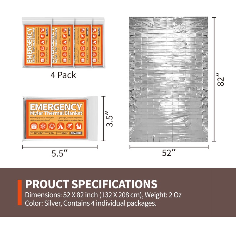 Emergency Thermal Blanket, 4 Pack, Mylar Space Blankets Survival Gear