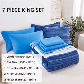 KAKIJUMN 7 Piece Bed in a Bag Stripe Comforter Set King Size, White and Blue Patchwork Striped Comforter and Sheet Set, All Season Soft Microfiber Complete Bedding Sets(Blue,King)