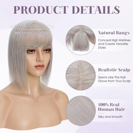 Charites Hair Toppers for Women Real Human Hair 8 Inch Long Straight Toppers for Women with Thinning 7 * 13CM Silk Base Clip in Hairpieces with Bangs (Gray)