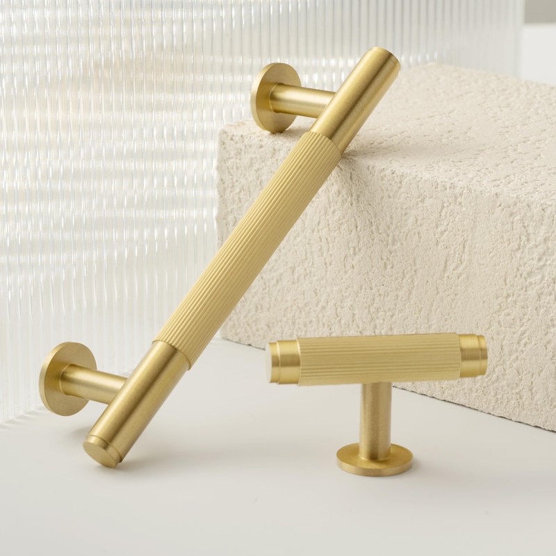 QOGRISUN 5-Pack Solid Brass Cabinet Knobs, Grooved Gold T Bar