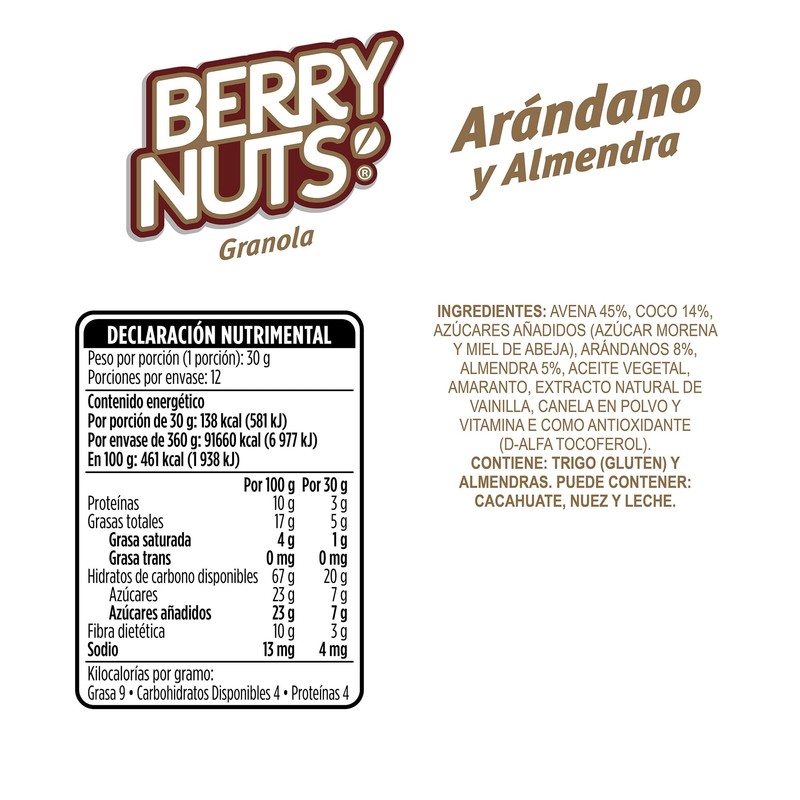 Berry Nuts® Granola Arándano y Almendra, Bolsa 360gr.