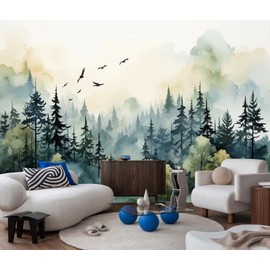 Jdayda Green Forest Woodland Wallpaper Mural Large Art Wall Decorative Mural for Bedroom Living Room (Not Self-Adhesive)