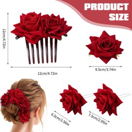 4 Pcs Rose Hair Clip Flowers for Women, Red Flower Accessories Headband Bride Clips Combs Hair Decor for Party Wedding Gift