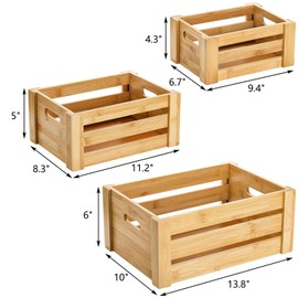 Lawei Set of 3 Bamboo Nesting Crates with Handles, Rustic Decorative Storage Container Box, Crate Box for Display, Farmhouse Bamboo Basket Bins for Fruit, Vegetable, Kitchen, Office, Bedroom, Closet