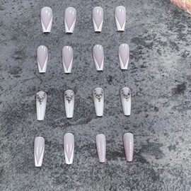 Press on Nails Long Coffin False Nails Full Cover Glossy Fake Nails Glitter Stick on Nails wiht 3D Rhinestones Fake Nails with Nail Glue for Women and Girls 24Pcs