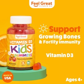 The Feel Great Vitamin Company Vitamin D3 1000IU Gummy Vitamins for Kids (60 Day Supply) by Feel Great Vitamin Co | 60 Gummies | Delicious Plant Based Gummies | Supports Healthy Bones, Teeth, Mood, Immune System*