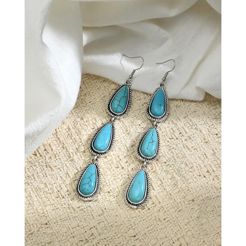 Watforsh Large Long Boho Silver Turquoise Teardrop Western Country Earrings