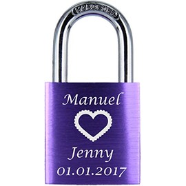 LoveGoals Liebesschloss-Geschenk mit Gravur und 2 Schlüsseln, Individuell graviert, Hochwertige Geschenkverpackung, Motiv M020, Violett
