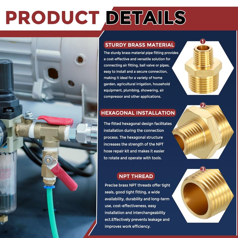 Kozelo 4pcs 3/4" MNPT to 1/2" MNPT Solid Brass Hex