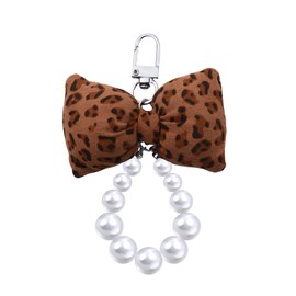 Sdopbinbin Leopard Print Bow Keychain for Purse Bag Accessories for Women: Leopard Print Bowknot Keychain with Pearl Chain, Puffy Bow, 3.93*1.96 Inches, 25g, Spring Ring Clasp