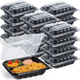 YANGRUI Clamshell Food Containers, Reusable 45 Pack 9.5 Inch 38 oz Anti-Fog Leak Proof Shrink Wrap 3 Compartment To Go Container BPA Free Microwave Freezer Safe Plastic Meal Prep Boxes